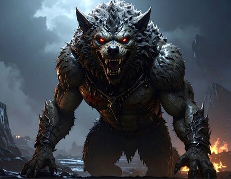 A fierce, hulking beast, a hybrid form of human and wolf, stands poised with glowing red eyes. The creature bares its fangs
