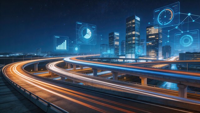 Futuristic city skyline at night with glowing highway traffic trails and holographic business data charts symbolizing smart technology urban development and modern digital