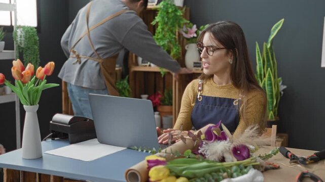 Woman in apron typing on laptop while man leans over pointing at screen in a flower studio; teamwork focus creativity.