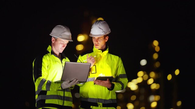 Petroleum refinery engineers and industrial workers working on laptop computer, inspection oil refinery plant at construction site at night, technician teamwork maintaining energy power system