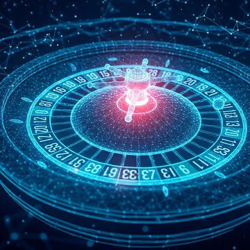 Digital roulette wheel spinning with glowing neon wireframe grid on dark background
