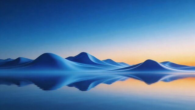 Blue-hued mountains lie quietly by the lake, the changing light blending to create an ethereal and crystal-clear landscape.