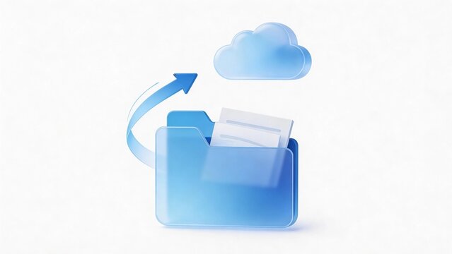 Blue glass-style folder cloud upload; Cloud storage empowers efficient file management