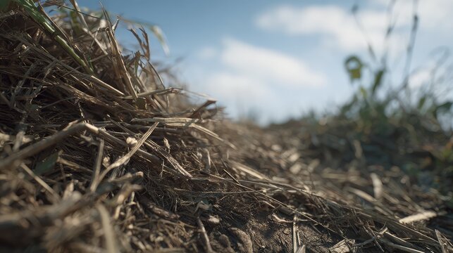 Dry straw and grass covering the ground in a rural agricultural field under a clear blue sky, depicting farming, nature, and organic textures of the natural world