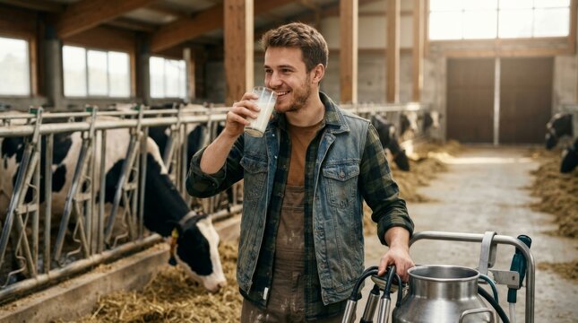 Man drinking fresh milk in rustic dairy barn. Smiling farmer holding glass surrounded by cows. Organic dairy farming and healthy nutrition concept.