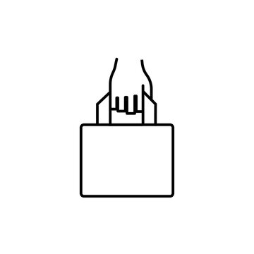 Take away food line icon. Hand and paper bag sign. Takeaway service vector symbol