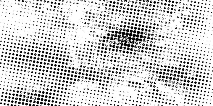 Grunge halftone gradient background. Faded grit noise texture. White and black sandy wallpaper. Retro pixelated backdrop. Anime or manga style comic overlay. Vector graphic design textured template