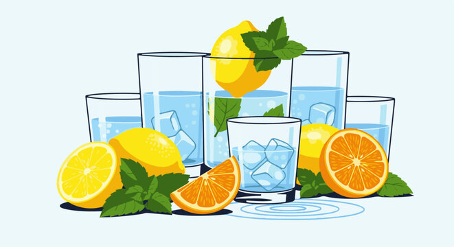 Refreshing citrus and mint drinks with ice in clear glasses
