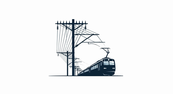 Silhouette of an electric train approaching a power pole with wires