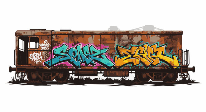 Rusty locomotive with vibrant graffiti art in turquoise and yellow