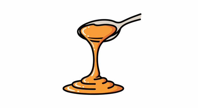 Spoon overflowing with thick, golden liquid, creating a flowing cascade
