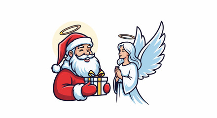 Fototapeta premium Santa Claus with halo giving gift to praying angel with halo
