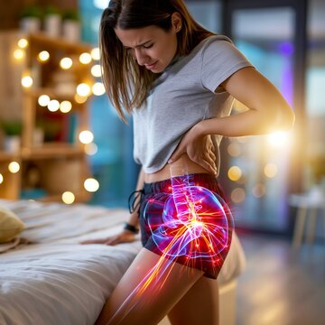 Woman exercising in gym with highlighted red coccyx pain, concept of tailbone injury and strain