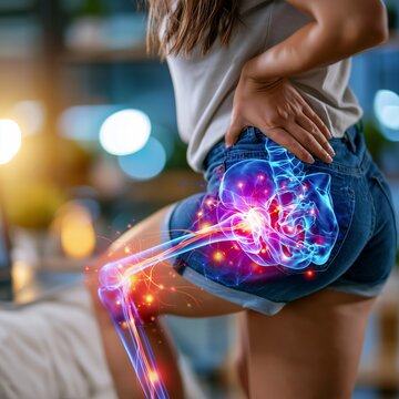 Woman experiencing glowing red tailbone pain during exercise in gym, concept of coccyx injury
