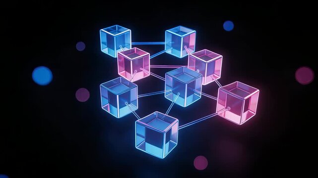 Connected glowing cubes in dark space