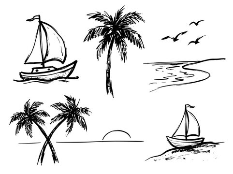 Cartoon sailboat collection on tropical beach with palm trees, minimalist brush line art vector illustration