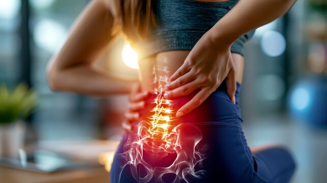 Female fitness athlete with glowing red tailbone pain in gym