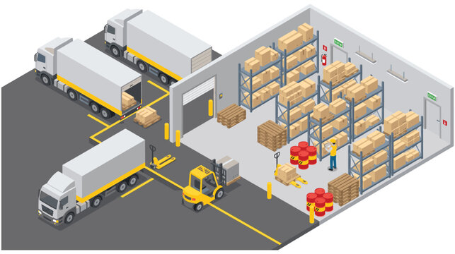 Warehouse logistics isometric design with trucks and loading dock freight.