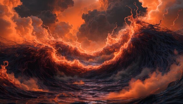 Large wave with fiery orange and dark clouds