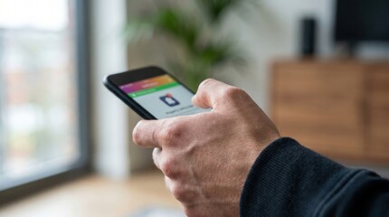 Fototapeta premium first home buyer loan stress concept. Person using smartphone with social media app in a cozy indoor setting