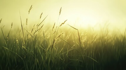 Naklejka premium Green grass blades are rising from a misty field, illuminated by the bright, soft light of a glowing sunrise, creating a peaceful natural landscape view