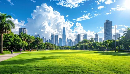 Obraz premium A lush green city park with vibrant trees and grass sits under a clear blue sky before a soaring urban skyline of downtown skyscrapers and office towers