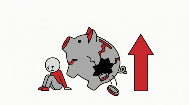 first home buyer loan stress concept. Sad person sitting next to a broken piggy bank with a rising red arrow