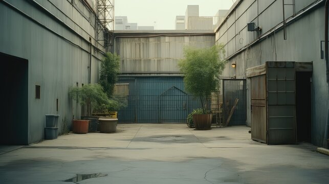 Urban industrial alleyway, a quiet backlot space between warehouse buildings, featuring potted green plants, concrete ground, and a blue metal gate, creating a feeling of neglect and isolation