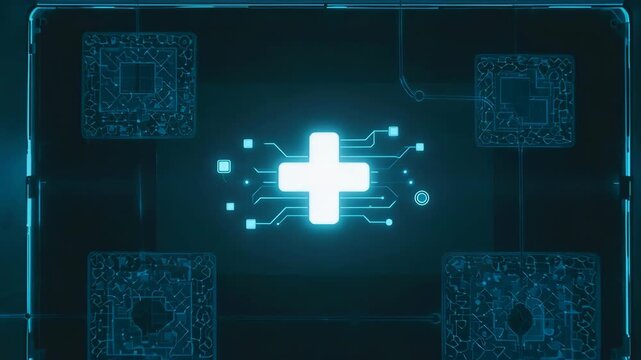glowing medical cross with circuit lines