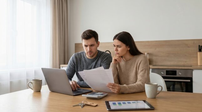 first home buyer loan stress concept. Couple reviewing bills and finances at home with laptop and tablet.