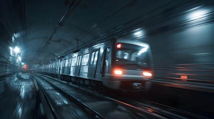 Obraz premium Subway train speeding through a dark tunnel motion blur public transportation concept high-quality
