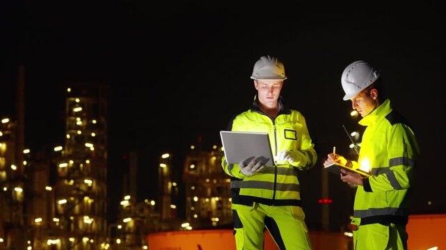 Petroleum refinery engineers and industrial workers working on laptop computer, inspection oil refinery plant at construction site at night, technician teamwork maintaining energy power system