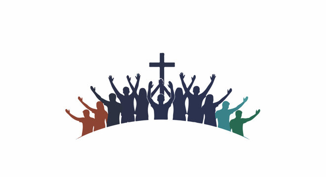 Silhouette of diverse people raising hands towards a prominent cross
