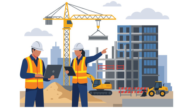 Construction site development with workers and high rise buildings.