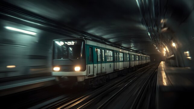 subway train speeding through a dark tunnel motion blur public transportation in the city