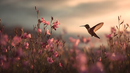 Fototapeta premium hummingbird in flight among pink blossoms a scenic nature photograph at sunset high-quality