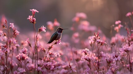 Naklejka premium Hummingbird perched on a pink wildflower stem in a field soft focus photograph