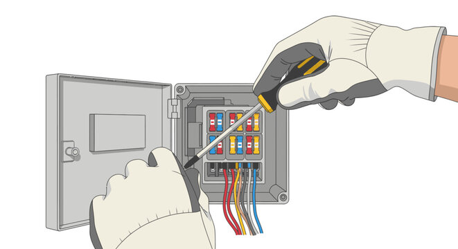Electrician hands with screwdriver repairing electrical fuse box