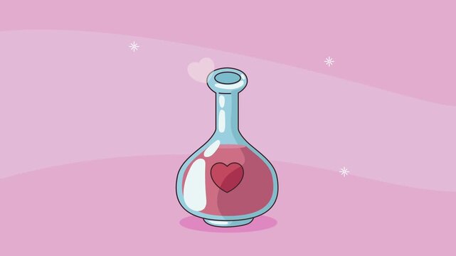 Pink potion bottle with heart symbol, love elixir animation, gentle motion background.