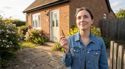Fototapeta premium first home buyer loan stress concept. Woman holding house key standing outside brick home on sunny day