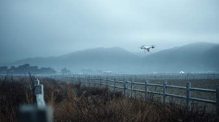 Naklejka premium Drone flying above a remote field, capturing aerial views of the foggy mountain range and wooden fence, symbolizing modern technology interacting with natural environment