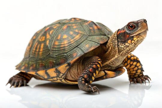 Eastern box turtle showing detailed orange and yellow shell patterns while walking slowly across a clean white studio surface during a high quality professional portrait session for a biology project