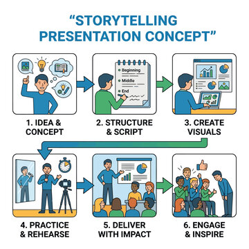 Visual guide detailing the full process for crafting and delivering impactful storytelling presentations, from concept to audience engagement