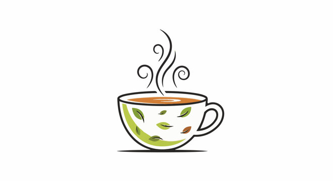 Steaming cup with green leaf pattern, warm beverage
