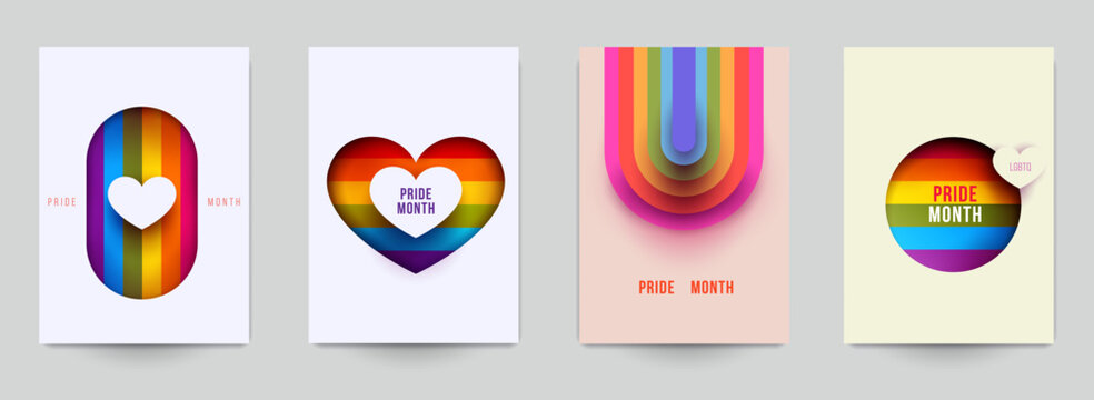 Collection of minimalist LGBTQ+ Pride Month posters featuring modern paper-cut style. Designs use layered cutouts of hearts and circles to reveal vibrant rainbow stripes against clean, light backgroun
