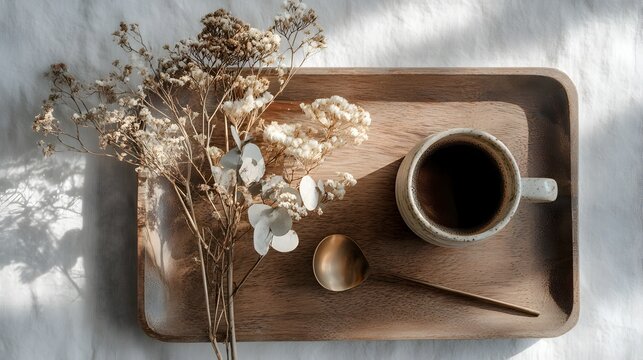 Wooden serving tray with a cup of coffee and dried flower arrangement top view