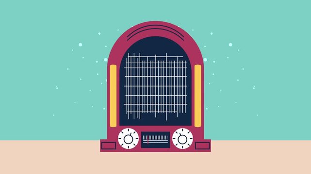 Vintage jukebox with musical equalizer graphic motion and small particles flying around in a looping animation.