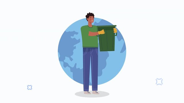 Ecological animation with young man holding waste bin in front of planet earth for recycling concept.