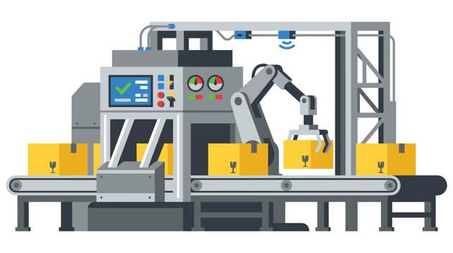 Automated factory production line with robot arm packing boxes illustration.