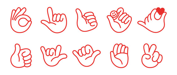 Vector illustration in hand drawn doodle style, mascot and character hands and gestures, positive vibe stickers and overlays, ok and agreement, victory and peace sign, pointing finger
